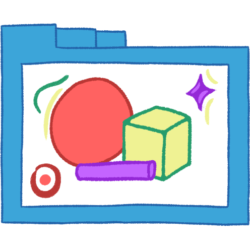 A hollow blue folder with thin lineart. It contains a pink circle, a pale green cube, and a small purple cylinder laid horizontally. There are several abstract decorations around them, lines and a circle and a purple star.